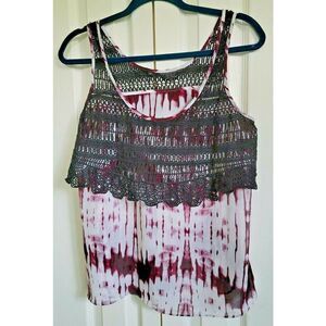 Guess‎ Tank Small Top Purple White Tie Dye Look Black Lace Shirt Sleeveless S